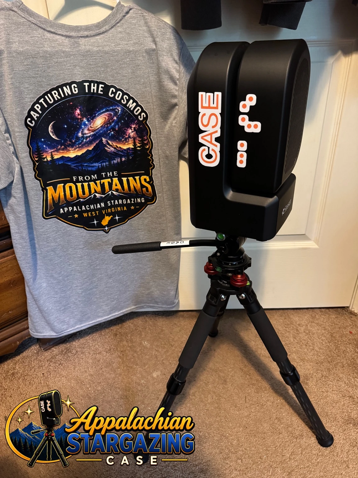 CASE, a black Seestar S50 with its name on the telescope, standing on a tripod beside an Appalachian Stargazing shirt